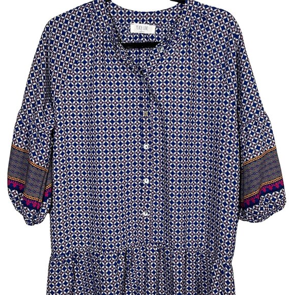 Peach Love California Boho Blue Mini Dress Puff Sleeve Border Print Small - Picture 5 of 12